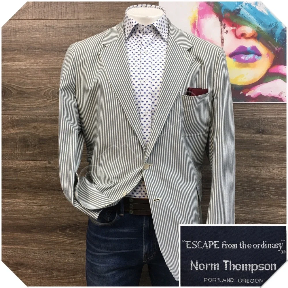 VINTAGE‎ Mens Seersucker Blazer Sport Coat Casual Jacket Size 48R Classic Suit